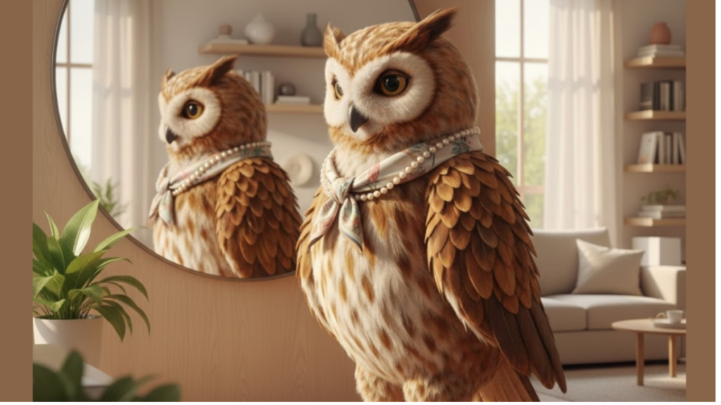 "Coruja elegante com colar de pérolas simbolizando sabedoria e estilo na maturidade".