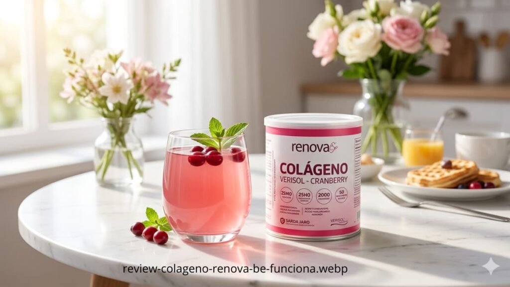"Pote de colágeno Renova Be Cranberry com Verisol e ácido hialurônico em uma mesa elegante, representando suplementação para pele madura."