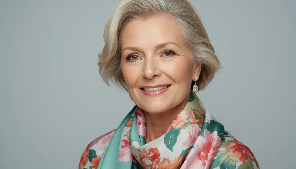 Lenço acetinado floral de luxo realçando a beleza de uma mulher madura de 60 anos.