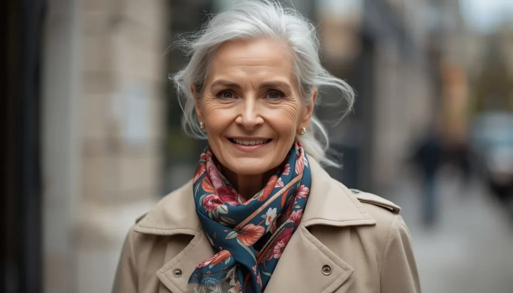 Mulher idosa elegante usando um lenço de seda vibrante no pescoço e sorrindo.