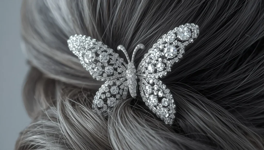 Presilha de cabelo de luxo em formato de borboleta cravejada com strass brilhante para penteados em cabelos maduros.