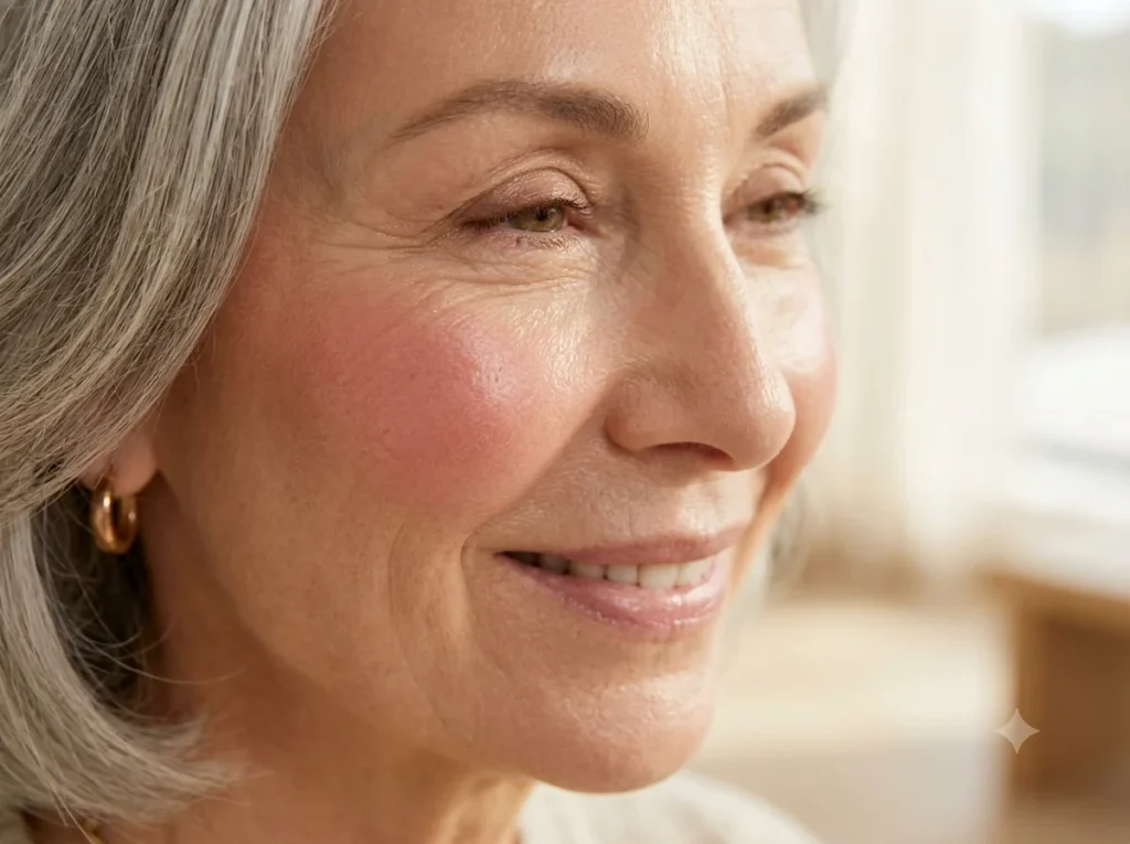 Aplicação de blush em creme nas maçãs do rosto de mulher madura
