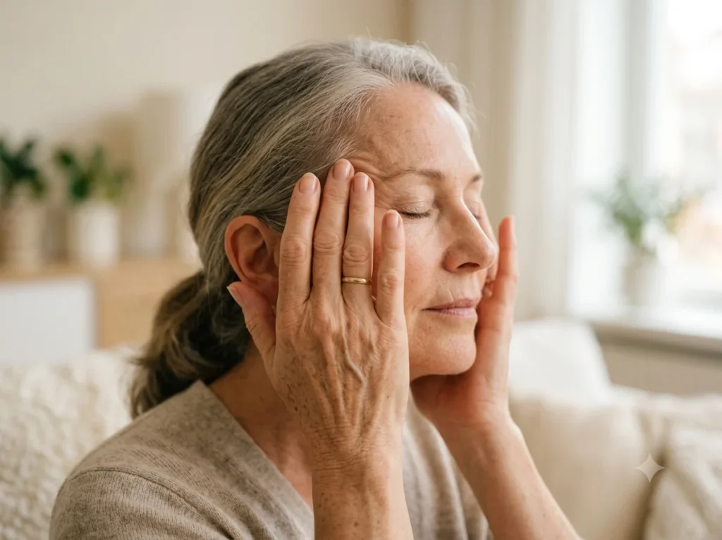 Close das mãos aplicando movimentos circulares de automassagem facial na têmpora
