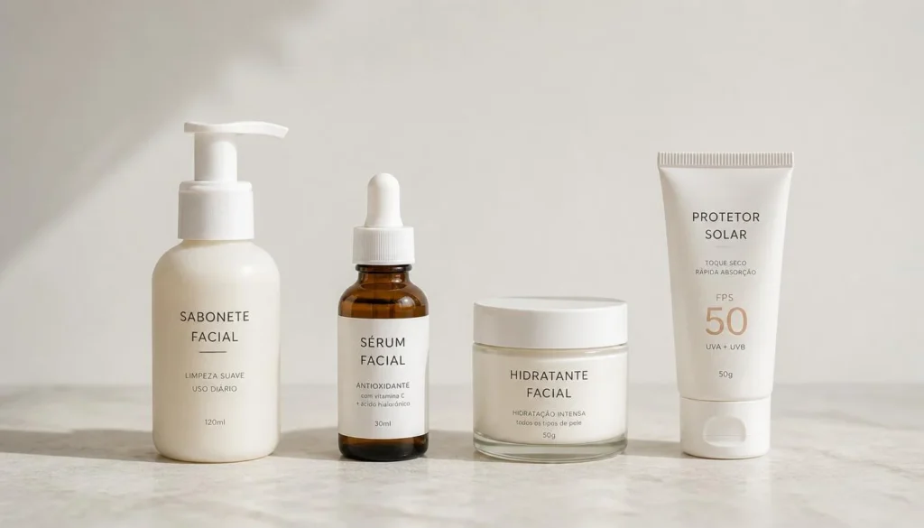 Produtos essenciais para rotina de skincare simples: limpeza, sérum, hidratante e protetor solar
