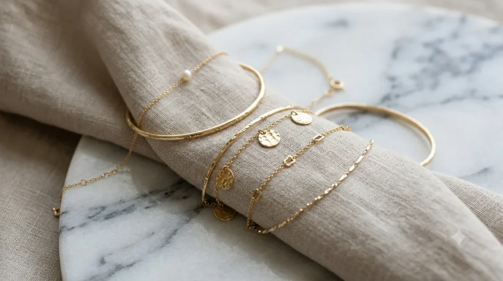 Pulseiras douradas delicadas organizadas para catálogo de revenda.
