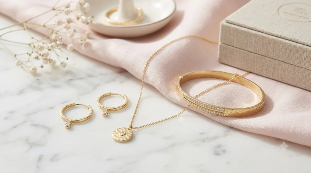 Conjunto feminino composto por colar, brincos e pulseira dourados para revenda.
