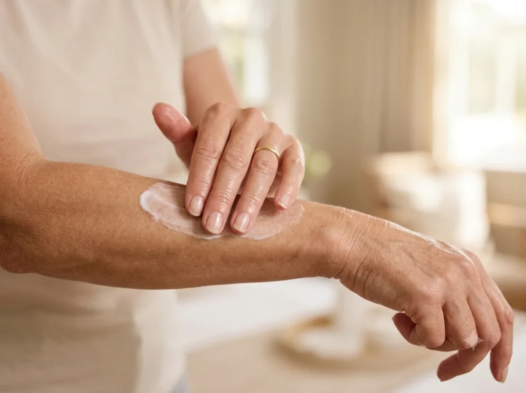 Aplicação de creme hidratante no braço como parte da rotina corporal